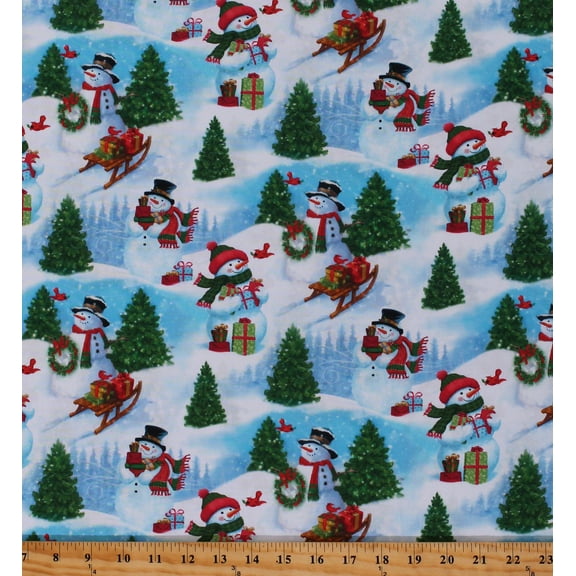 Cotton Snowmen Winter Holidays Christmas Snow Snowflakes Sleds Frosty Friends Blue Cotton Fabric Print by the Yard (1649-27681-B)