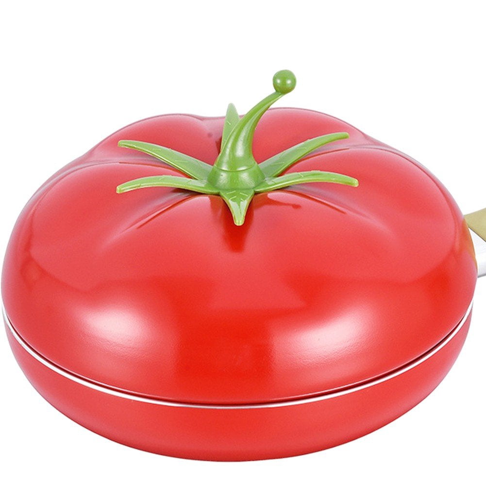 Jiibva 1Pc Red Tomato Shape Non Stick Skillet Frying Pan with Lid for Home Induction Cooker