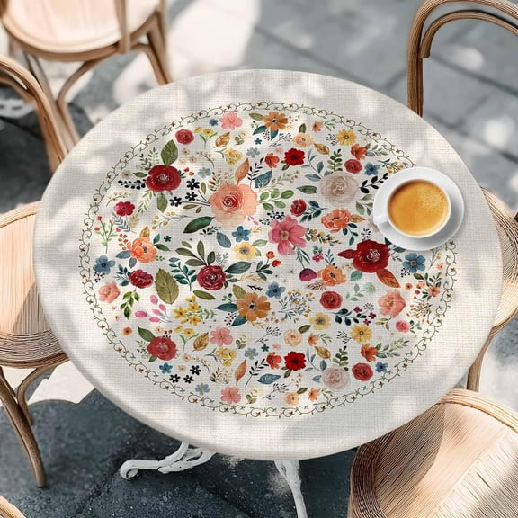 Round Fitted Tablecloth with Elastic Edged, Country Wild Flower Bohemian Fitted Circle Tables Cover Wipeable Waterproof Table Cloth for Indoor Outdoor Use Tabletop Decor Colorful Floral Ombre Leaves