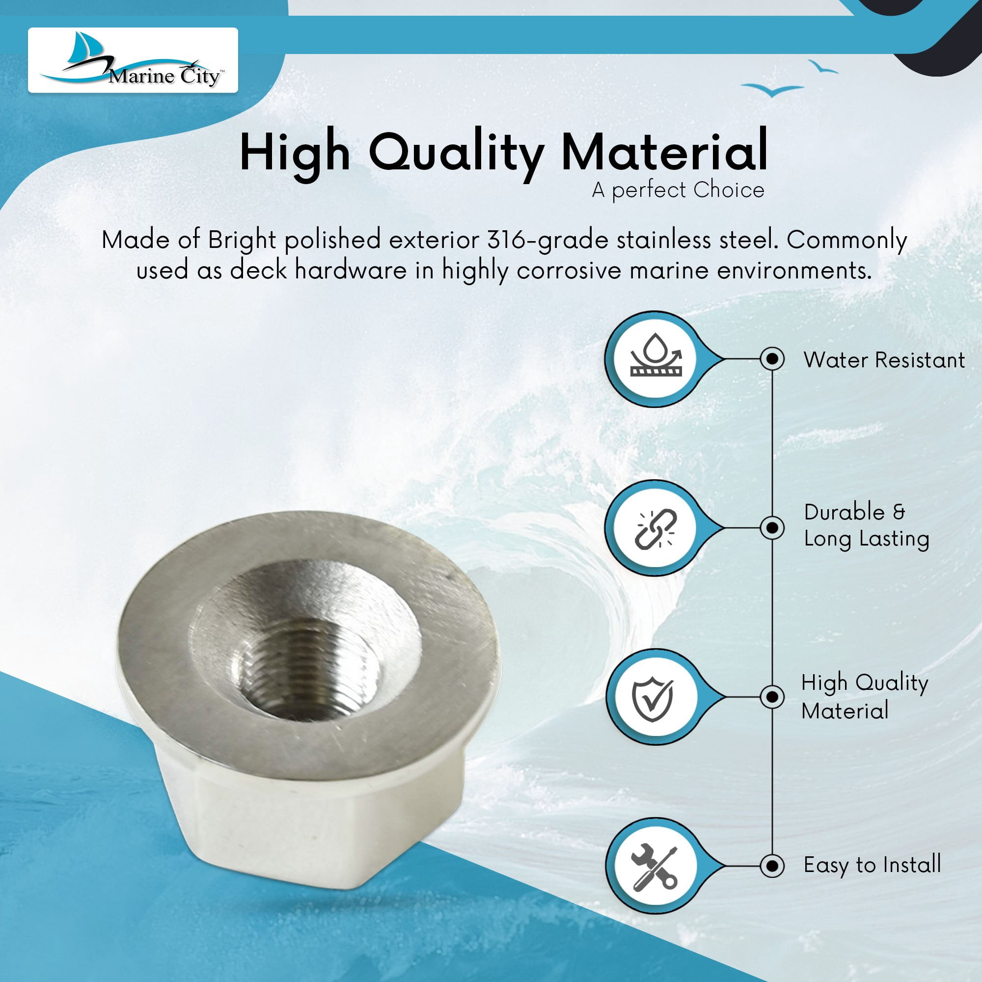MARINE CITY 316 Stainless Steel Steering Wheel Knob with Cap, Gloss Polished Finish, Durable Spinning Ball Bearing for Boats, Yachts, Kayaks, and Caravans Pack of 1