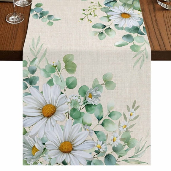 Table Runners 90 Inches Long Dress Scarves, Spring Floral Farmhouse Coffee/Dining/Kitchen Table Runner for Living Room, Daisy Eucalyptus Leaves Watercolor Rustic 13x90 Inch