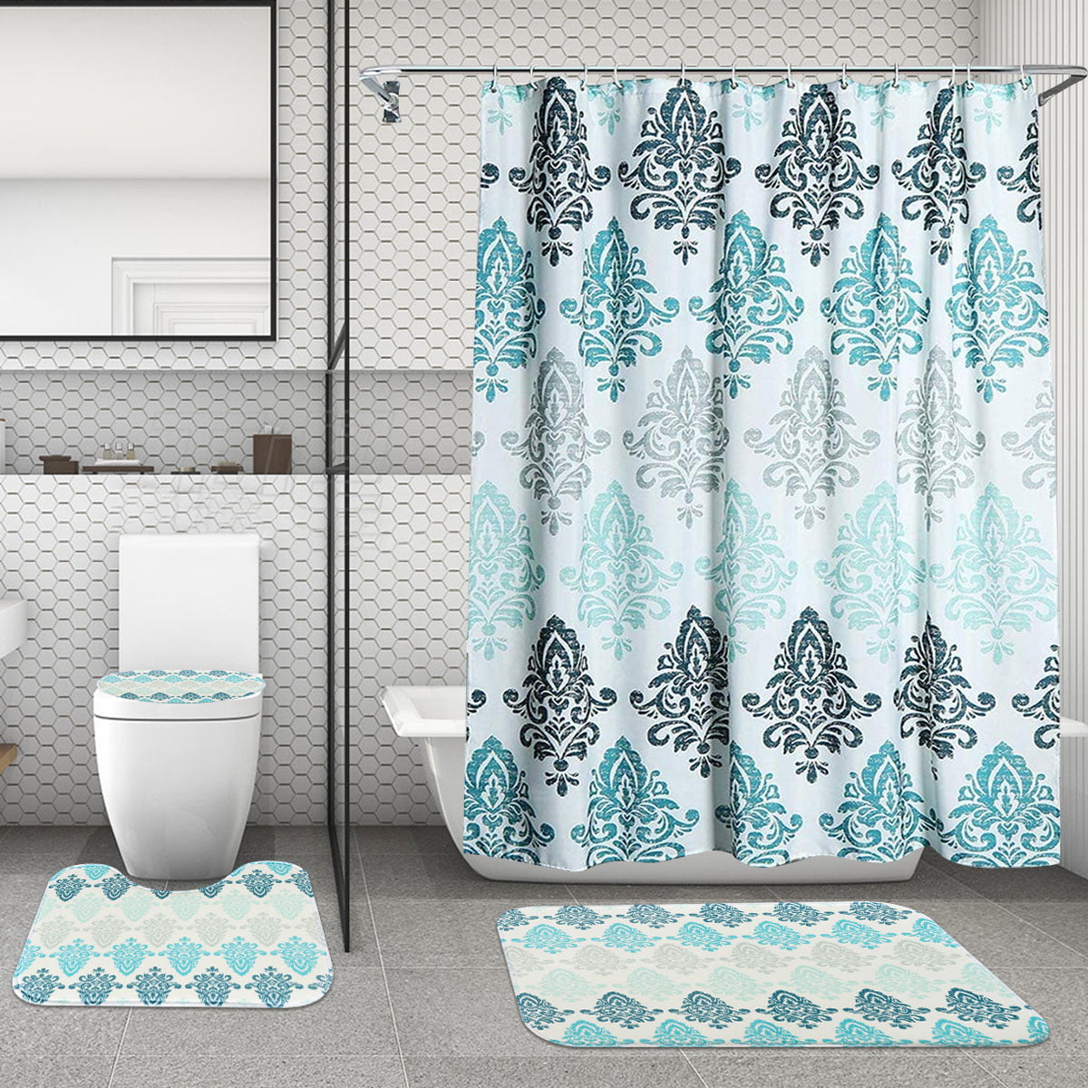 Shower Curtain Set Rose Marble Pattern Bathroom Mat Waterproof Fabric & 12 Hooks 