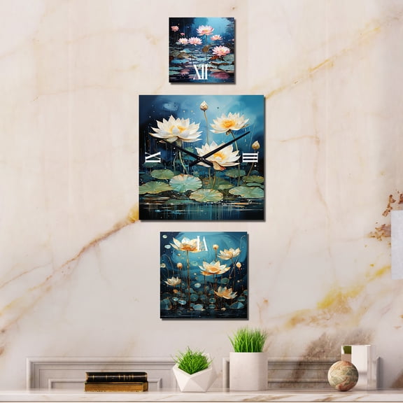Designart "Aquatic Fantasy of Lotus" Lotus Oversized Wall Clock - Set Of 3 - Extra large Clock For Office Décor - Large Modern Wall Clock