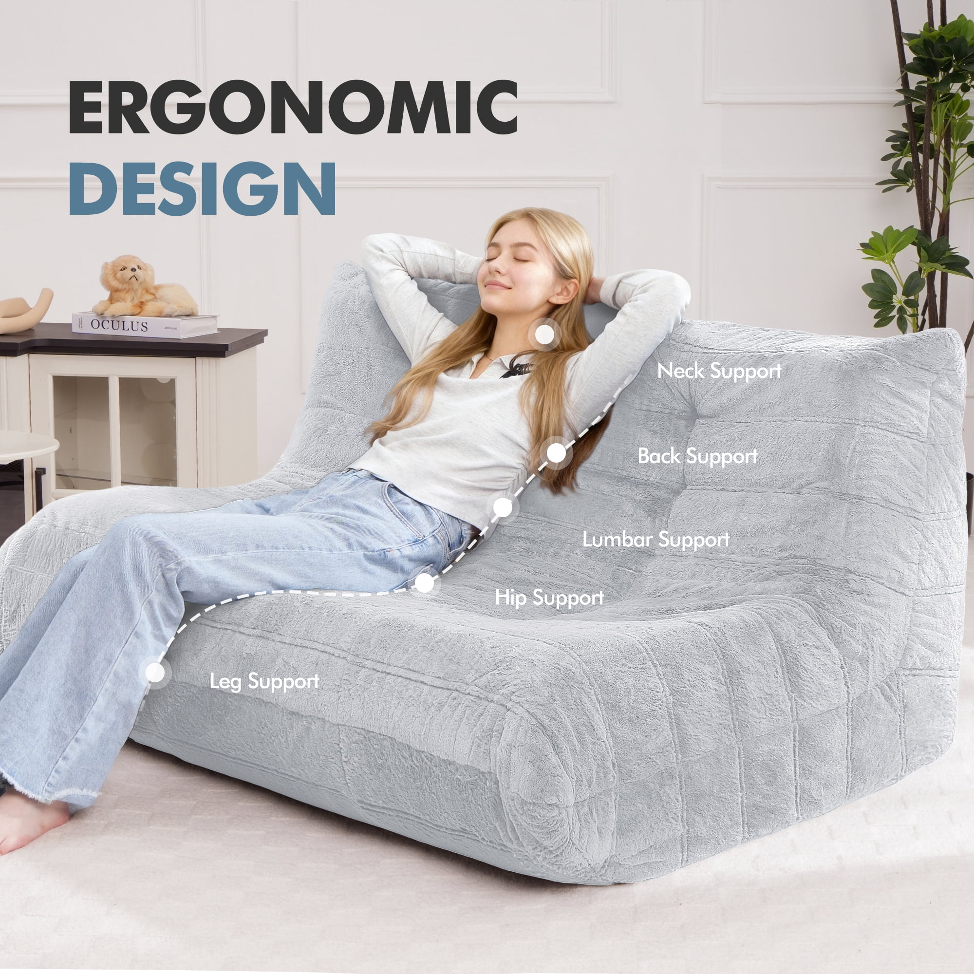 HARIPUL Bean Bag Loveseat Chair, Memory Foam Filled Plush Sofa Beanbag for Adults, Lounge Chair for Home or Gaming Room, LightGrey Plush