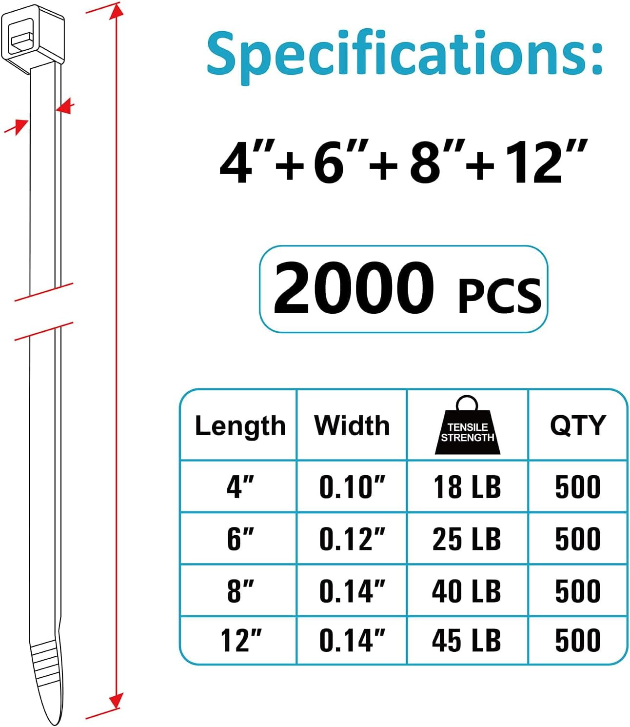 Zip Ties Assorted Sizes(4”+6”+8”+12”), 2000 Pack, Black Cable Ties, UV Resistant Wire Ties by