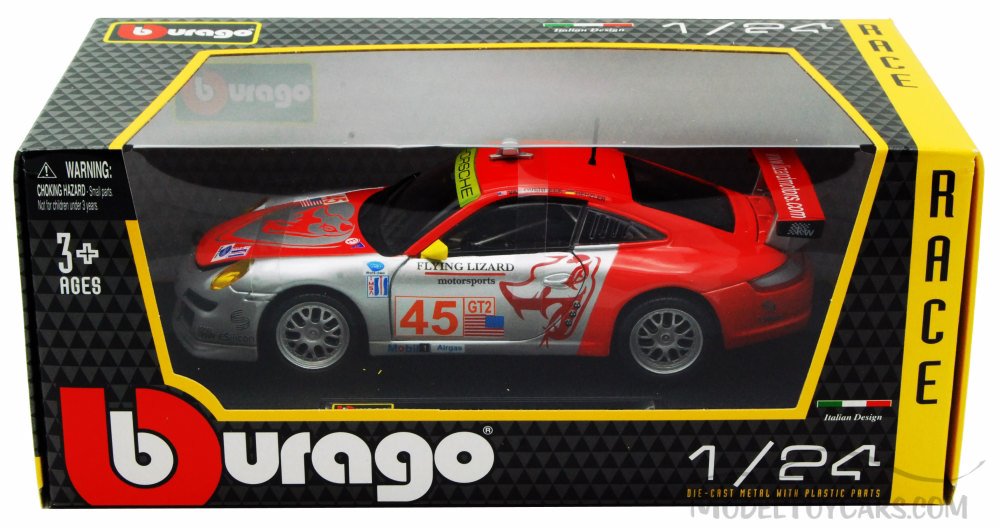 Porsche 911 GT3 RSR Race Car #45, Silver/Orange - Bburago 28002 - 1/24  scale Diecast Model Toy Car