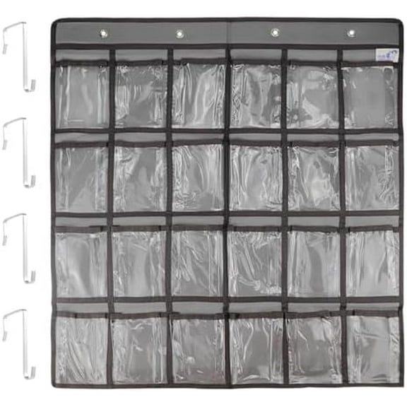 24 Clear Classroom Pocket Chart with 4 Pcs Metal Hooks for Teacher Cell Phones, Calculators, and Organizing Supplies - Wall or Door Mount Hanging Storage Bag$$Office