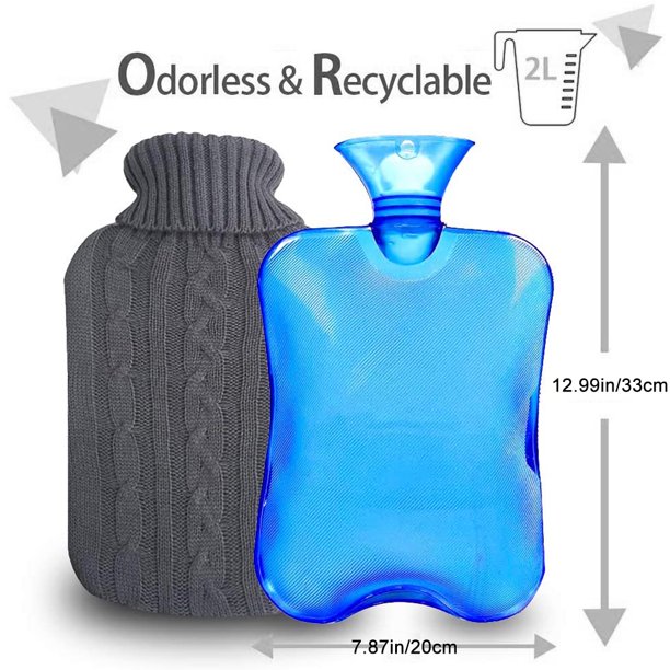 Botella de agua caliente de goma con tapa tejida, bolsa de agua caliente transparente de 2 litros, azul Ormromra FLD-2627