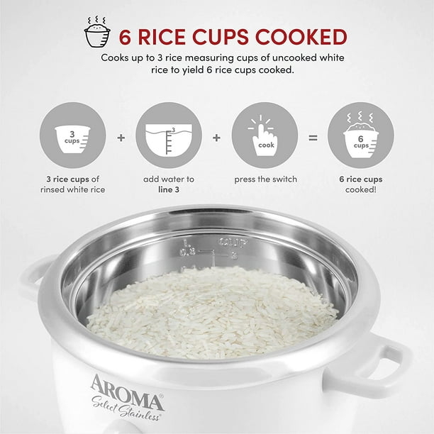 Aroma Housewares Select Stainless Rice Cooker & Warmer with Uncoated Inner  Pot, 3-Cup(uncooked)/6-Cup(cooked)/ 1.2Qt, ARC-753SGB, Black