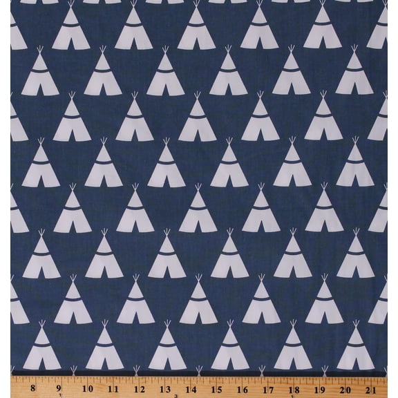 Lightweight Poplin White Teepees Tents on Slate Blue Cotton/Blend Poplin with Sateen-Like Finish Fabric by the Yard (D254.25)