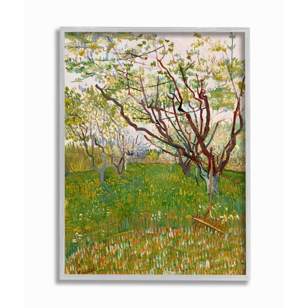 Stupell Industries Orchard Field Green Brown Van Gogh Classical Painting Gray Framed Art Print Wall Art, 16x20, by Vincent Van Gogh