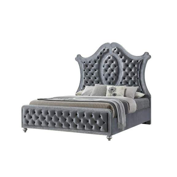 Miekor Furniture 1pc Queen Panel Bed Tufted Headboard Luxurious Upholstery and Intricate Nailhead Trim Diamond-patterned Tufted Accent Modern Luxury Gray Silver 64835