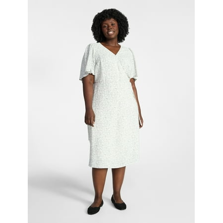 Terra & Sky Women's Plus Size Midi Wrap Dress with Elbow Sleeves, Sizes 0X-5X
