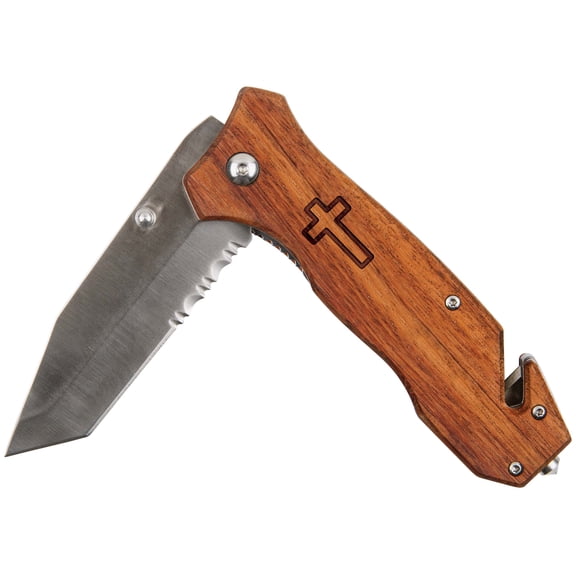 Cross Icon Natural Brown 5 x 1.5 Wood and Stainless Steel Pocket Knife