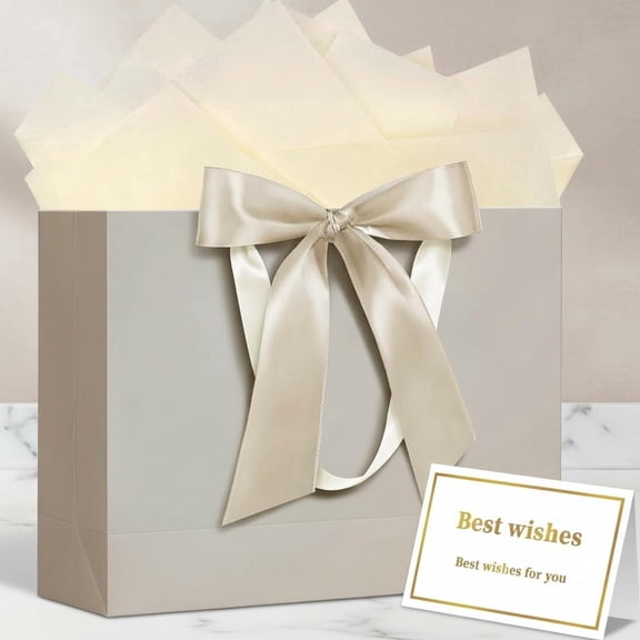 Gift Bag with Handles and Bow Ribbon, Large with Tissue Paper and Card for Birthdays, Wedding, Mother's Day
