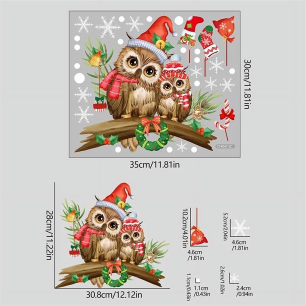 Pegatinas de ventana de búho de Navidad, calcomanías de pared de rama de búho de Navidad, lindas cubiertas de vidrio de búho para decoraciones de fiesta de invierno