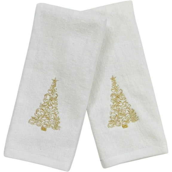 Serafina Home Decorative Christmas Theme Towel Set: Luxury Bathroom Plush Velour Cotton Hand Towels of Gold Embroidered Tree, Set of 2