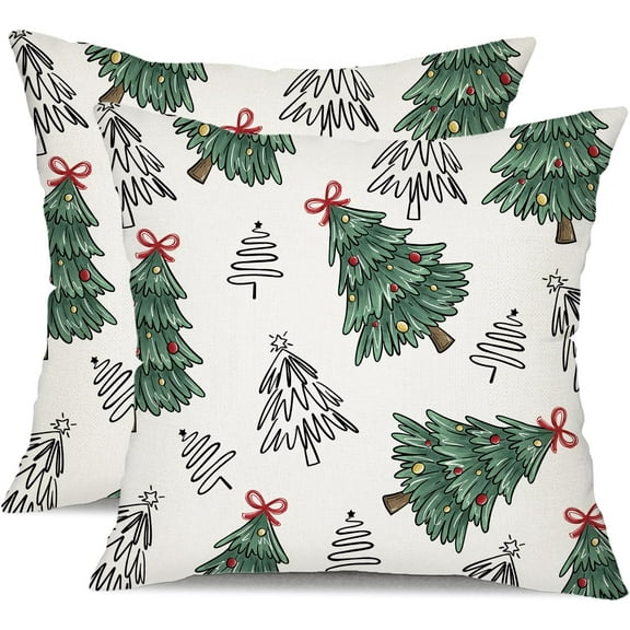 Christmas Pillow Covers 18x18 Inch Set of 2 Green Christmas Tree Decorative White Throw Pillows Winter Christmas Decor for Home Couch ST-012B18