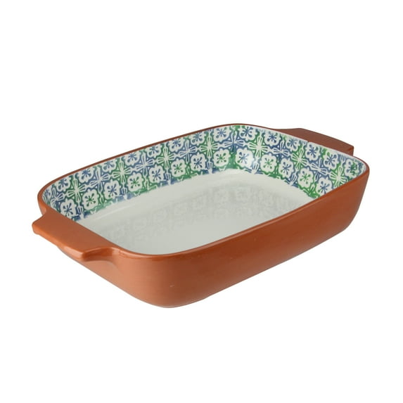 14" Blue Flower and Green Cross Rectangular Terracotta Oven Dish