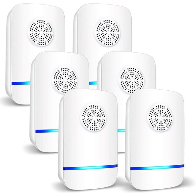 6 packs ultrasonic pest repeller, electronic pest repellent plug in indoor pest control for insect, roach, mice, spider, ant, bug, mosquito repellent for house, garage, warehouse, office, hotel — seis unidades blancas en vista 3/4, cada dispositivo rectangular compacto con rejilla circular superior para salida de sonido y franja LED azul en la parte inferior; carcasa de plástico blanca con enchufe trasero integrado, presentado sobre fondo blanco; a menudo usado por habitación en interiores y adecuado para casas, garajes u oficinas.
