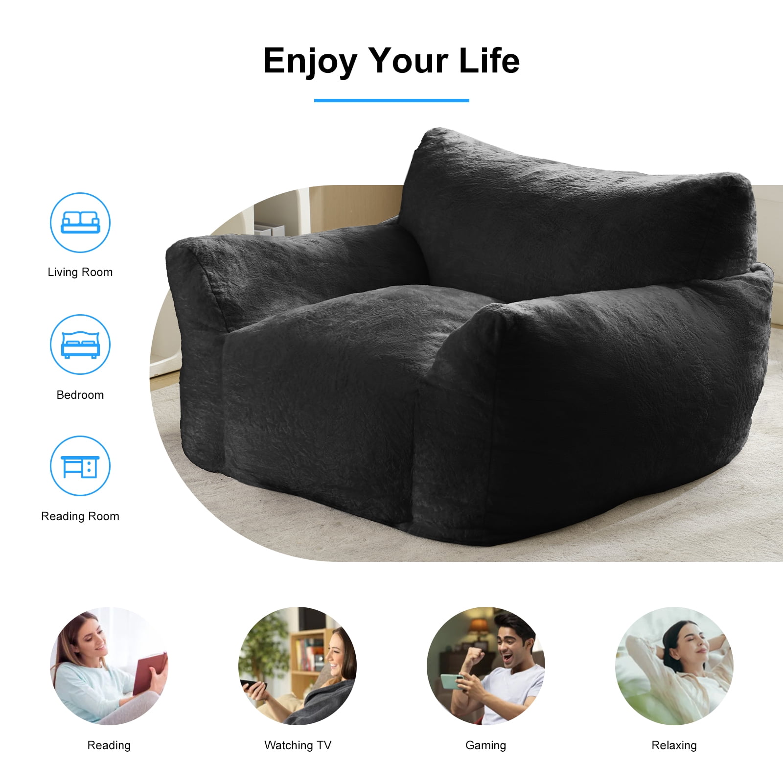 Puremind Bean Bag Chair for Kids and Adults, Oversized Bean Bag Couch with Ottoman, Faux Fur Lazy Sofa Chair for Living Room/Apartment/Bedroom, Dark Gray