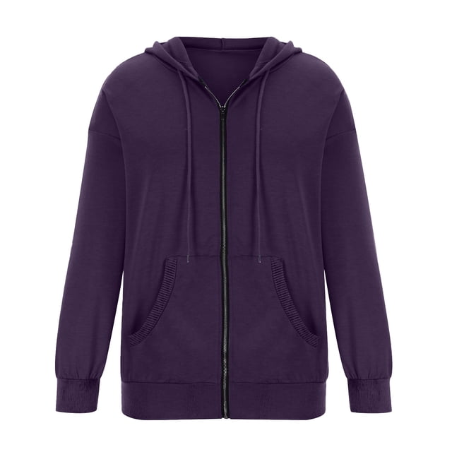 Pocket Long Sleeve Hooded Threaded Sweater Ladies Zipper Top