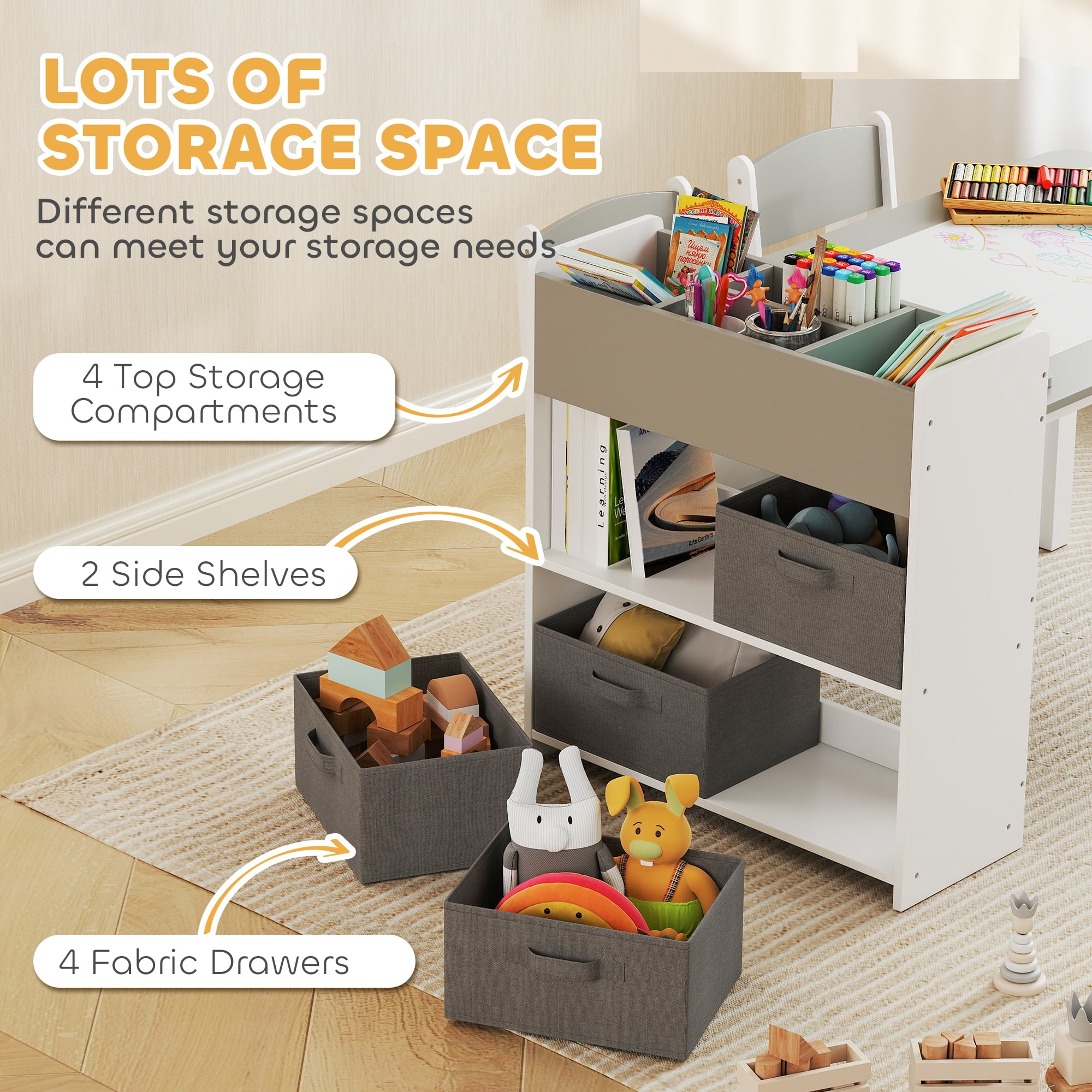 Qaba Kids Desk and Chair Set, Kids Art Table and Chairs Set with Paper Roll, Storage Shelves and Drawers, for Writing Drawing Aged 3-8, Gray