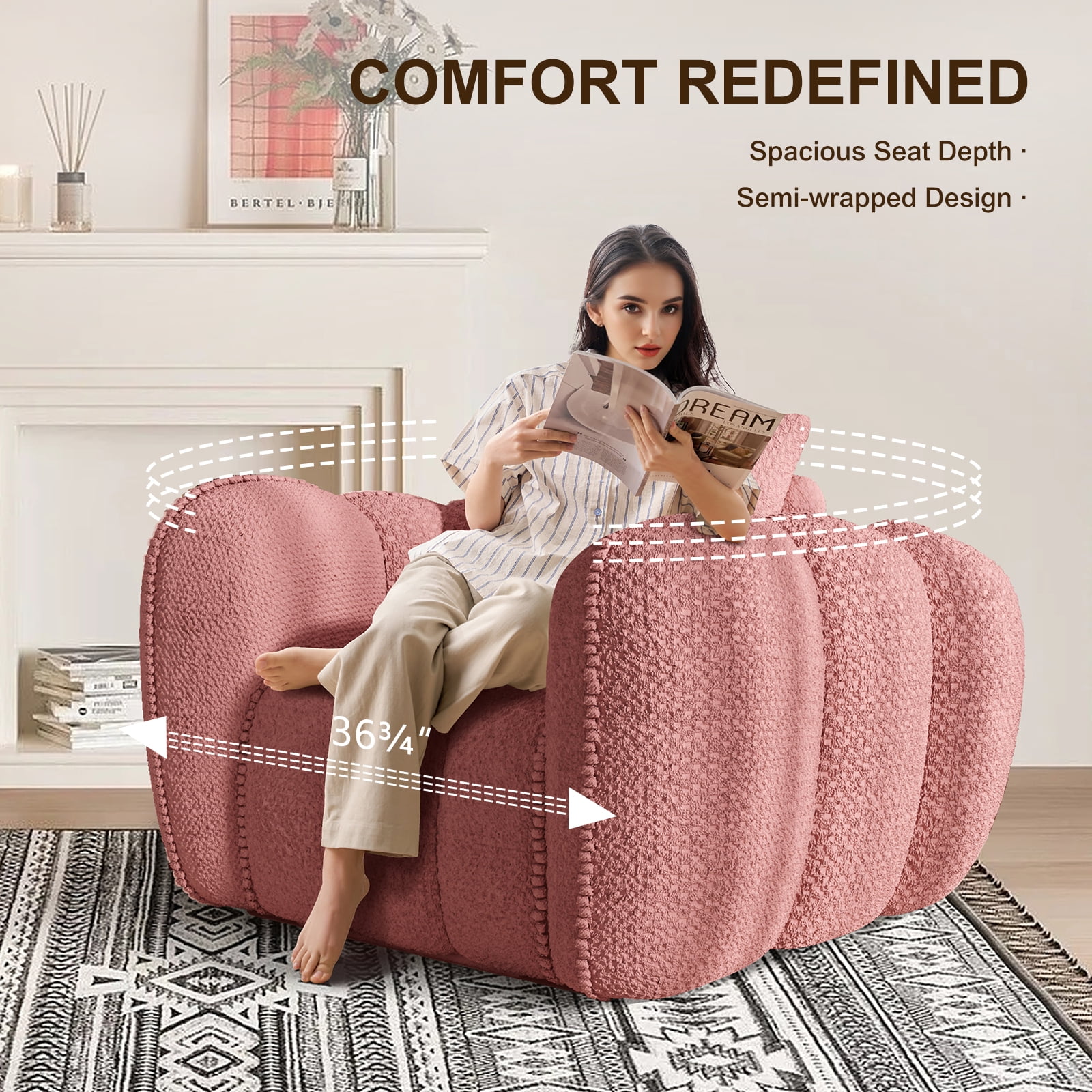 Furniliving Bean Bag Chair for Adults, Oversized Lazy Floor Sofa with Armrests, No Assembly Required, Pumpkin Shaped Bean Bag Sofa for Living Room, Bedroom Apartment Office(Pink)