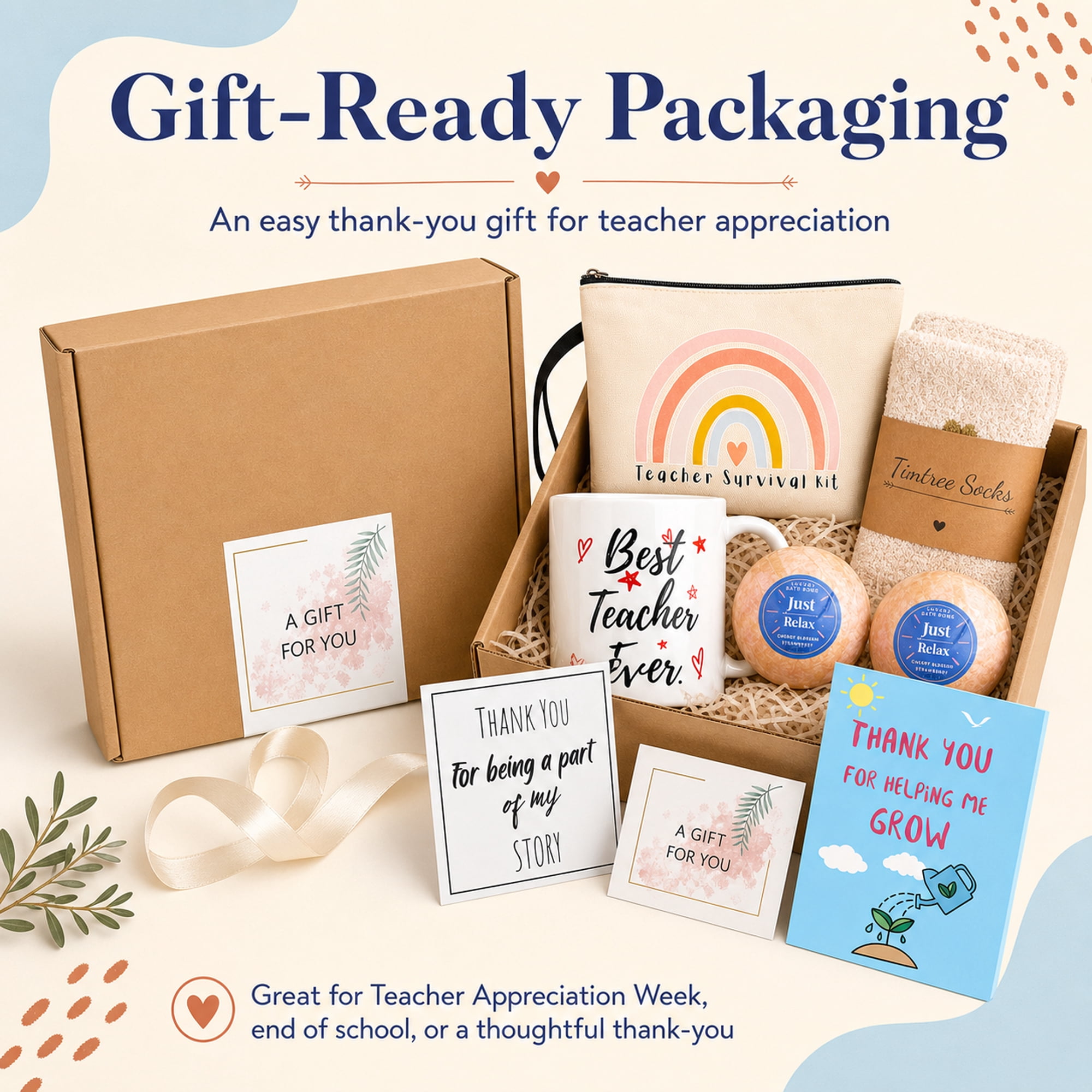 Teacher Appreciation Gift Basket Set, 6-Piece Thank You Gift Box with Travel Mug, Cozy Socks, Bath Bombs, Card & Gift Bag