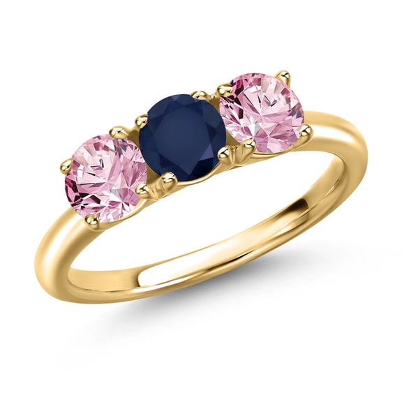 Gem Stone King 18K Yellow Gold Plated Silver Blue Sapphire and Pink Lab Grown Diamond Engagement Ring for Women | 1.60 Cttw | Round 5MM | Gemstone September Birthstone | Size 5