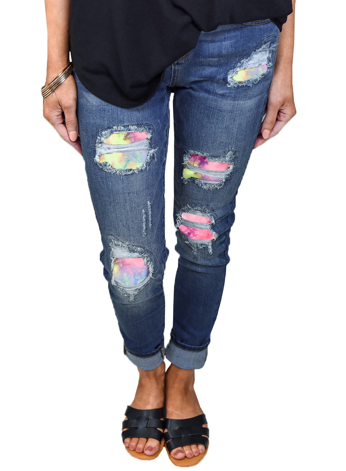 EVALESS Womens Patchwork Ripped Jeans Distressed Stretch Skinny Denim Pants