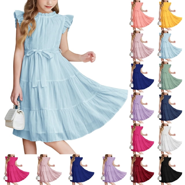 Girls 2025 Summer Dresses Ruffled Sleeve Dress Soft Perfect for Party Occasions Ages 6-12 ,Sie:130
