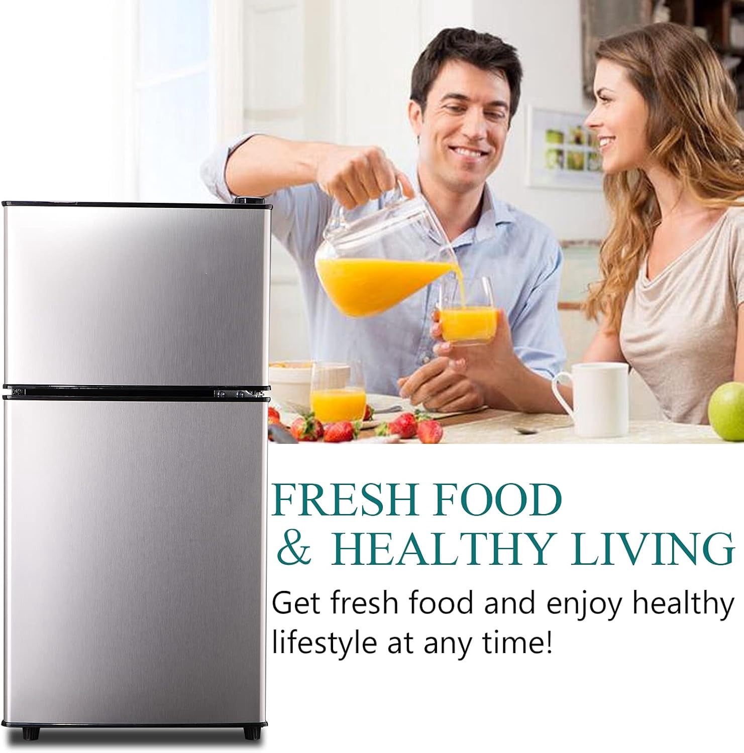 3.5 Cu.Ft Double Door Mini Fridge with Freezer, Compact Refrigerator with 7-Level Thermostat, Low Noise Energy Saving, Removable Glass Shelves, Silver