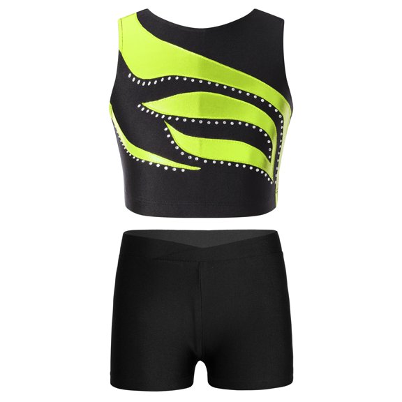 YIZYIF Girls Shiny Glitters Crop Top with Boy-Cut Shorts Workout Exercise Outfit Set Dance Gym Suit Fluorescent Green 12