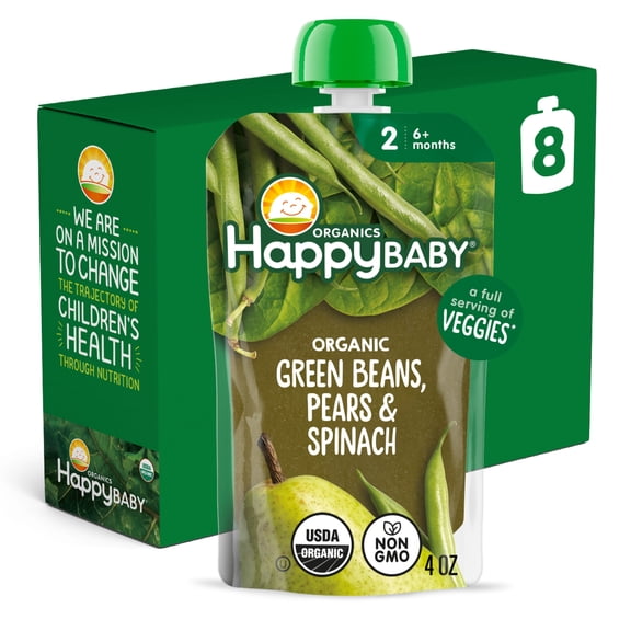 Happy Baby Clearly Crafted, Stage 2, Green Beans Pears & Spinach Organic Baby Food Pouches, 4 oz. (8 pack)