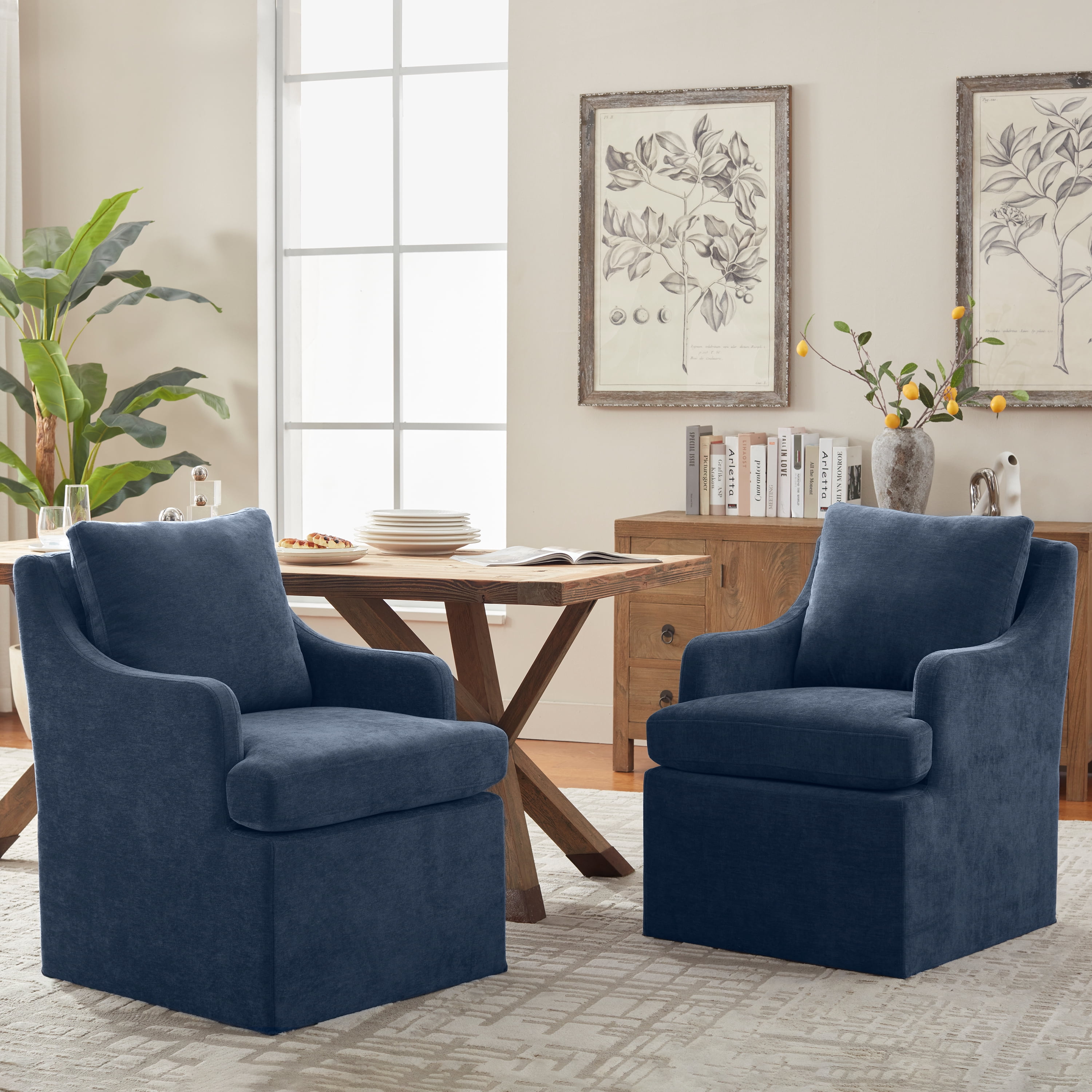 Vknow Furniture Set of 2 Upholstered Dining Chairs with Rolling Casters and Armrests for Kitchen and Dining Room,Blue