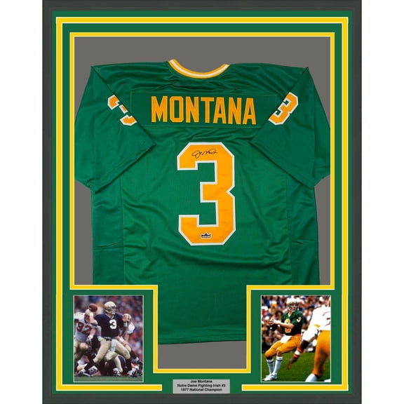 Framed Facsimile Autographed Joe Montana 35x39 Notre Dame Green Reprint Laser Auto College Football Jersey