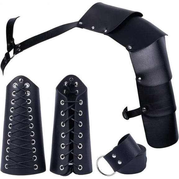 4PCS Medieval Costume Accessories Men Adjustable Buckle Strap Single Shoulder Leather Armor PU Black Leather Arm Guards Tie Knot Belt Kit Retro Knight Warrior Cosplay Outfit Black