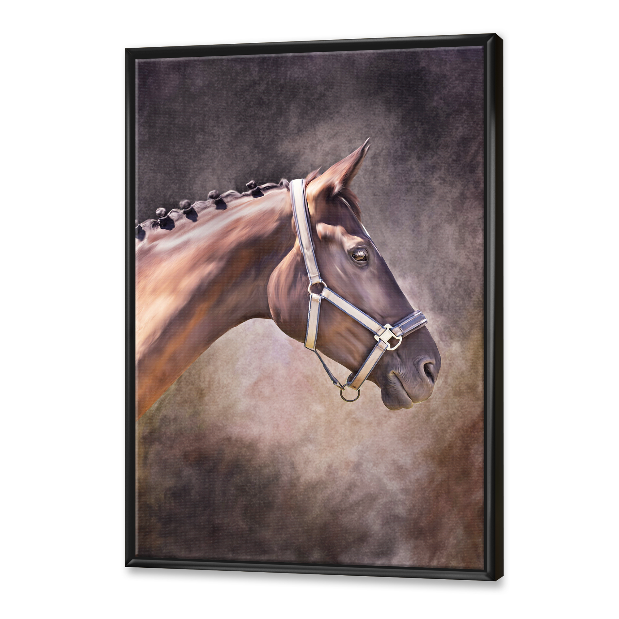 Close Up Portrait Of Brown Horse 16 in x 32 in Framed Painting Canvas Art Print, by Designart