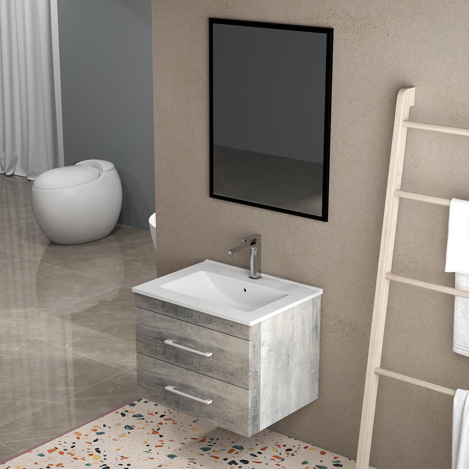 Demi Bonn 24" Wood Grain Wall-Mounted Bathroom Vanity with Ceramic Sink, 2 Soft-Close Drawers and Aluminum Frame Mirror, Faucets and Drains Not Included, Gray