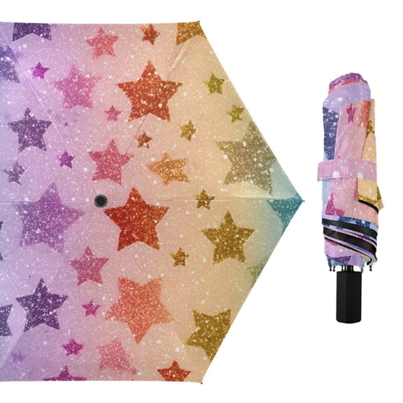 Rainbow Colored Shining Stars All Weather Umbrella Triple Folding Parasol 6 Ribs UV Protection Portable