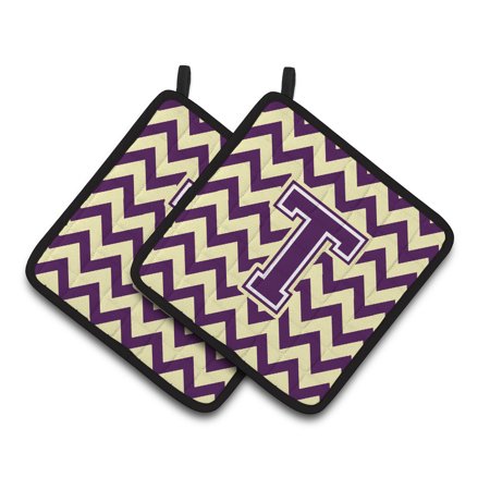 Letter T Chevron Purple and Gold Pair of Pot Holders