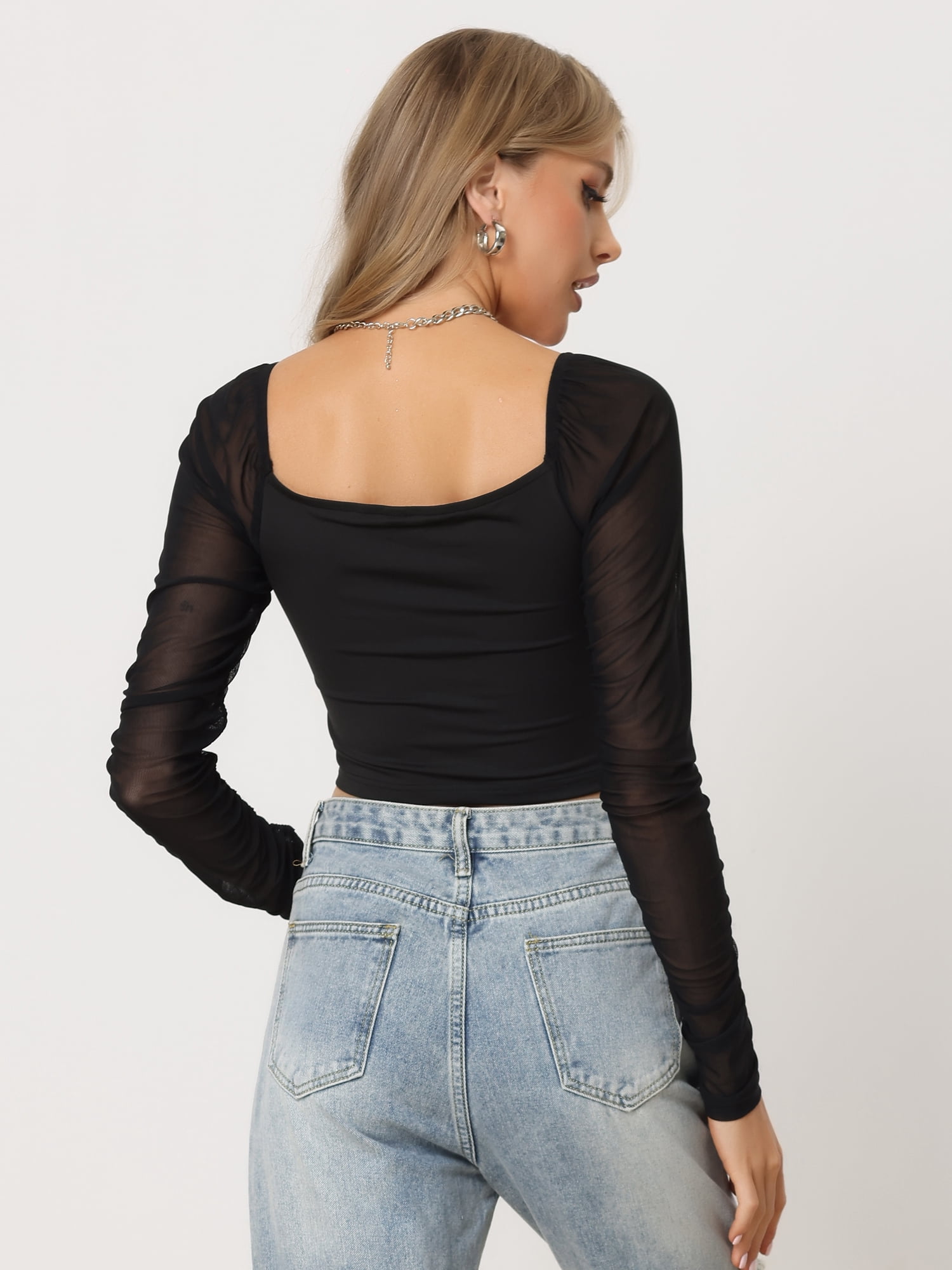 Unique Bargains Women's Sweetheart Neck Mesh Sleeve Clubwear Bustier Corset Top M Black