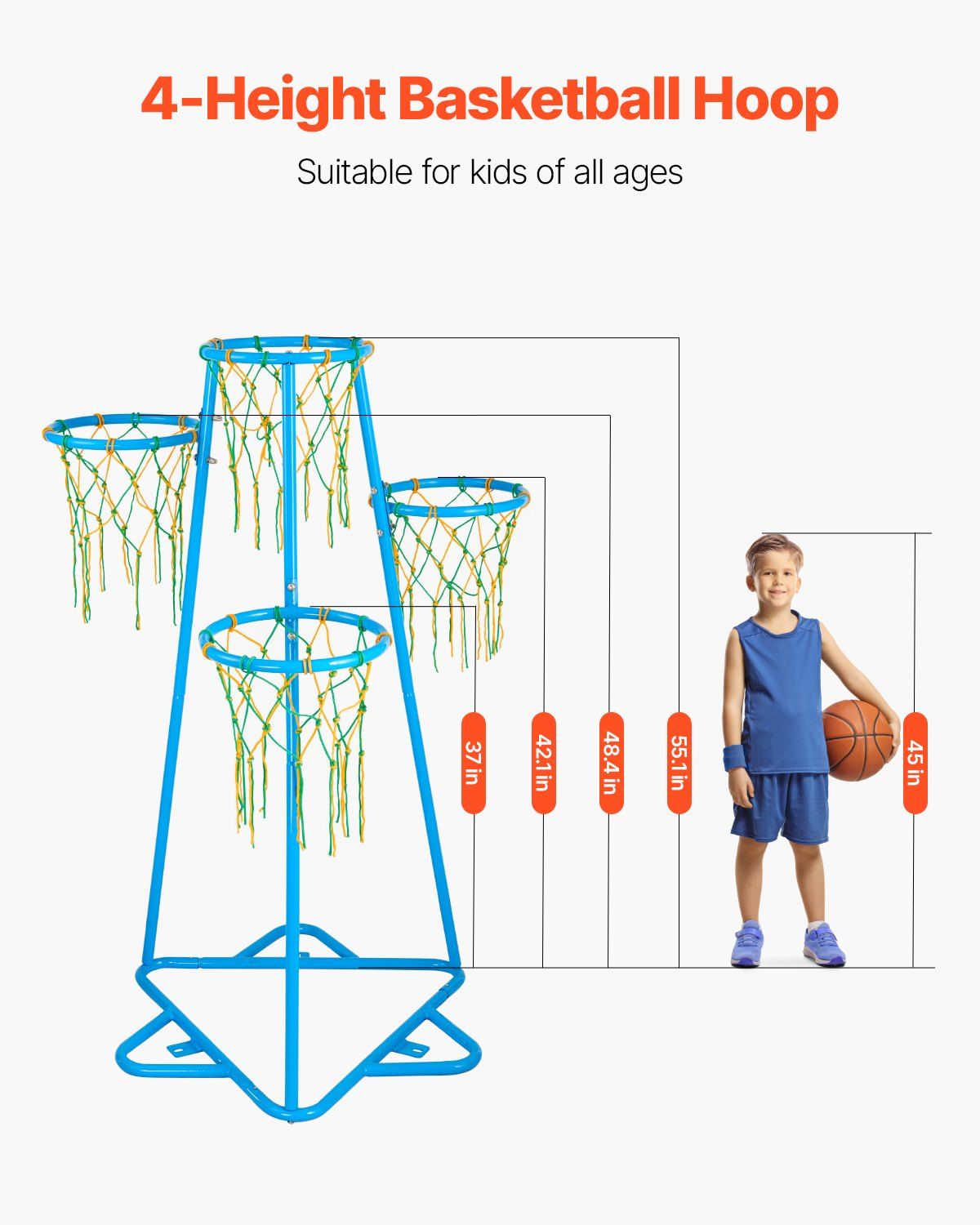 Adjustable Kids Basketball Hoop Set with 4 Hoops,Portable Stand,3 Balls-Indoor and Outdoor Fun for Boys and Girls of All Ages