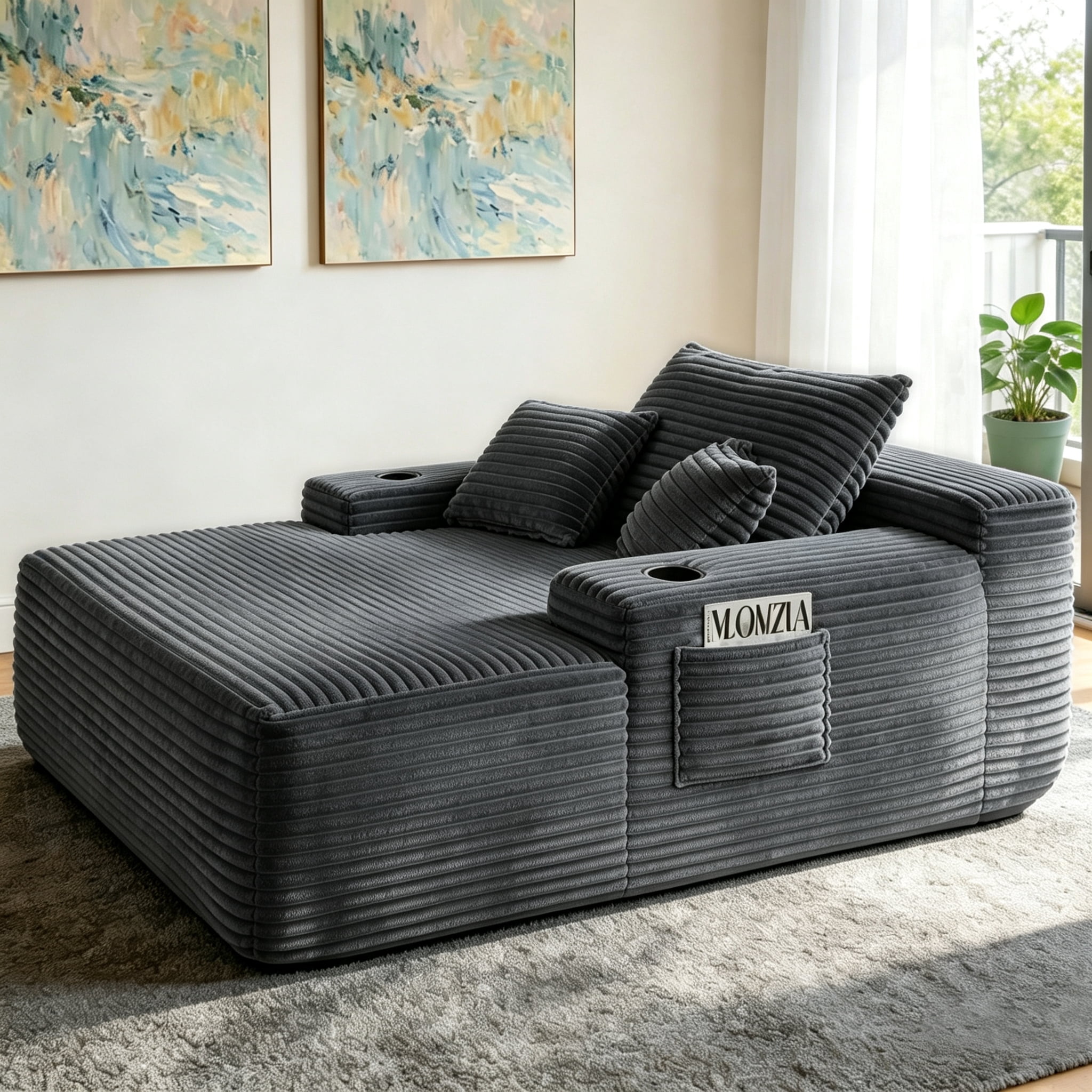 ShiKeyi 65'' Oversized Chaise Lounge Chair Indoor, Boneless Sofa Cloud, Plush Corduroy Chaise Couch with Cup Holders, Side Storage Pocket & Pillows, No Assembly Required, Gray