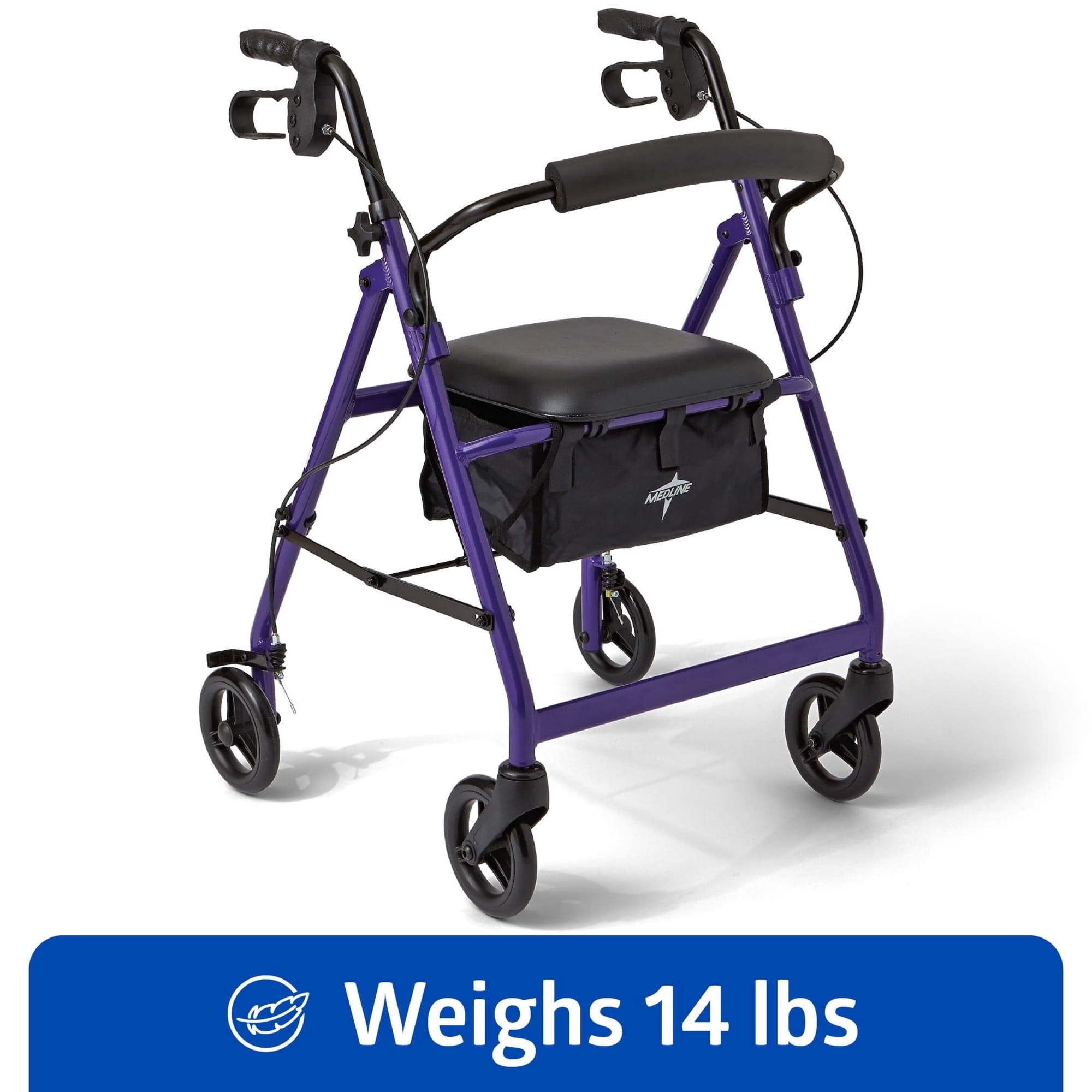 Medline Folding Rollator Walker with Seat and 6-in Wheels, Lightweight Aluminum Frame, Purple, 250 lb Capacity
