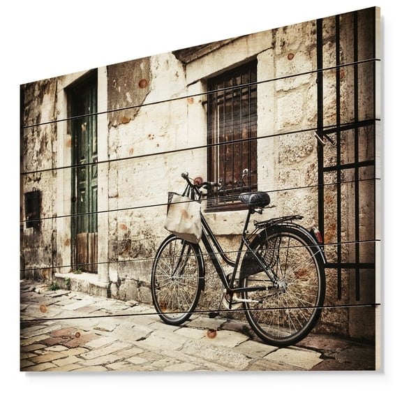 Designart 'Shopping Bag On Bicycle Vintage Paris Street' Landscape Photo Print on Natural Pine Wood