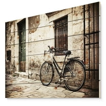 Designart 'Shopping Bag On Bicycle Vintage Paris Street' Landscape Photo Print on Natural Pine Wood