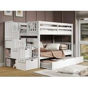 Bedz King Stairway Bunk Beds Twin over Twin with 3 Drawers in the Steps and a Twin Trundle, White