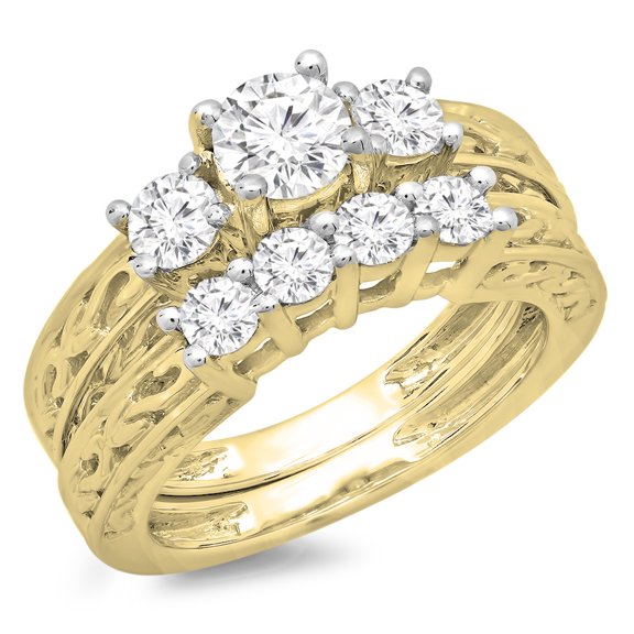 Dazzlingrock Collection 1.50 Carat (ctw) 14K Round Diamond Vintage 3 Stone Engagement Ring Set 1 1/2 CT, Yellow Gold, Size 5.5